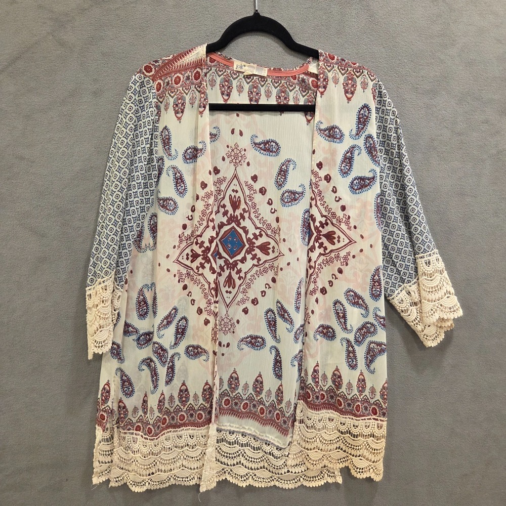 Jolt Sheer Cardigan Duster Women's‎ Medium Boho Paisley Crochet Trimmed